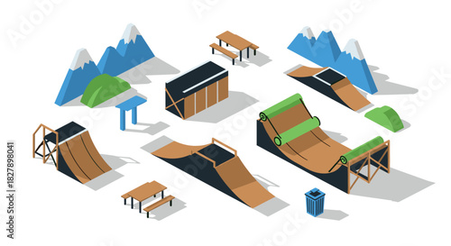 Isometric design of skate park elements featuring ramps and mountains