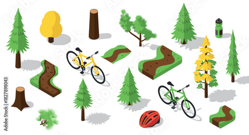 Isometric cycling adventure with trees, trails, and equipment in a nature park setting