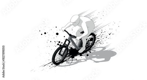 Dynamic cycling silhouette with splatter effect on white background