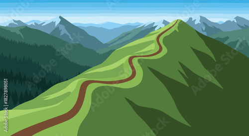 Scenic mountain landscape with winding path and majestic peaks in flat design