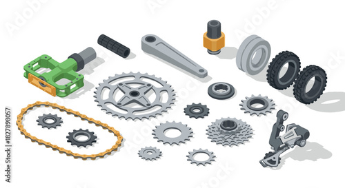 Isometric bicycle parts arrangement with gears and chains for mechanical design