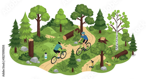 Nature adventure with cyclists on forest trail in isometric style