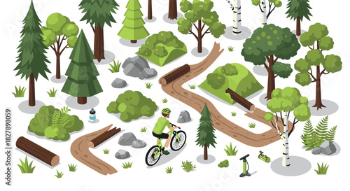 Isometric forest landscape with cyclist on nature trail