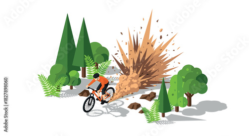Mountain biker escapes forest explosion in dynamic isometric scene