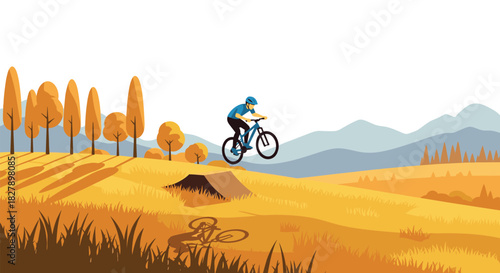 Cyclist enjoying autumn ride in scenic landscape with trees and mountains