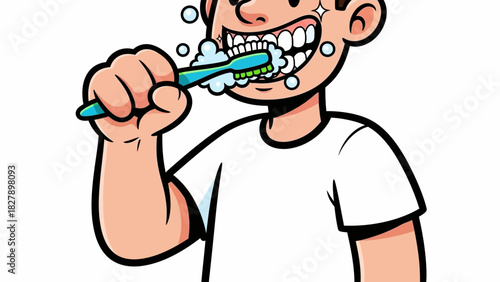 Illustration of a Person Brushing Teeth with Toothbrush and Toothpaste
