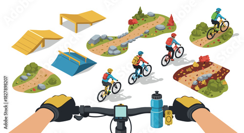 Cycling adventure course: flat designs of bicycle trails and ramps