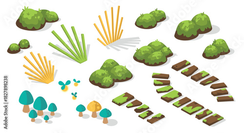Isometric garden elements: bushes, grass, mushrooms, and stone path for landscape design