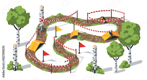 Isometric camping scene with tents and nature trail in forest setting