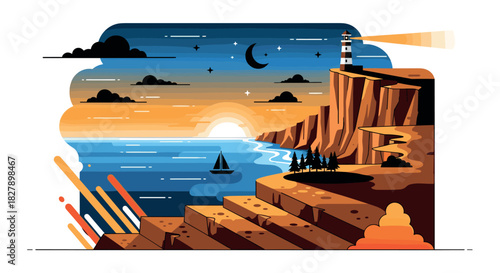 Coastal sunset with lighthouse and sailboat in vibrant style