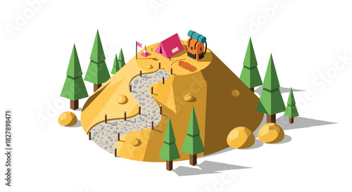 Colorful isometric campsite on mountain with path and trees