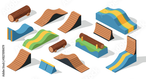 Isometric skate park ramps and obstacles collection for creative design