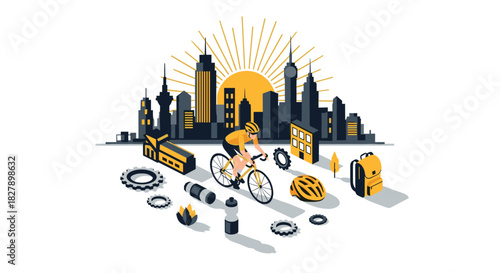 Urban cycling adventure with skyline and gear in flat design