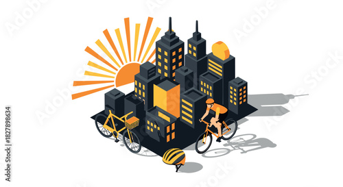 Urban cycling in modern cityscape with sunrise and skyscrapers