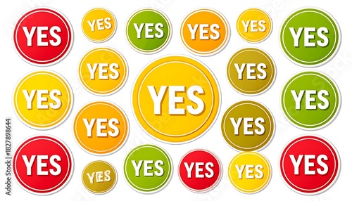 A collection of round stickers in various colors, all displaying the word 