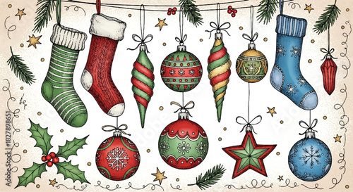 Vintage Christmas Ornaments and Stockings Hanging Festive Decorations.