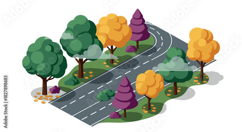 Colorful autumn isometric road with trees and falling leaves