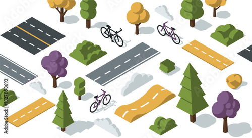 Isometric urban park with bicycles, trees, and roads