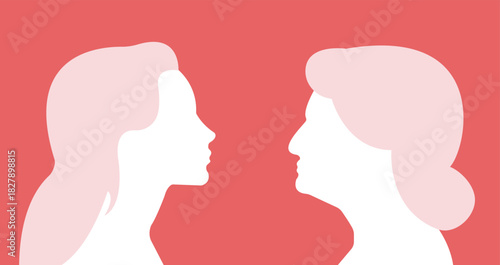 Two women profile silhouettes facing each other. Old and young female heads vie from the side. Red background, minimalist style. Different generation, time passing by fast concept.
