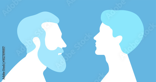 Old and young man silhouette profile head portraits facing each other. Minimalist composition. Cool blue and white color palette, flat vector style. Different age and time passing by fast concept.
