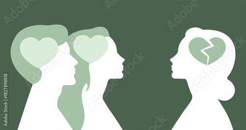 Silhouette profile portraits of man and woman with heart shapes inside head. An opposite profile portrait of another woman with broken heart shape