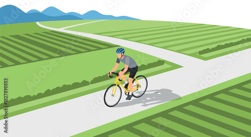Cyclist on scenic path with rolling hills and farmland in bright flat design
