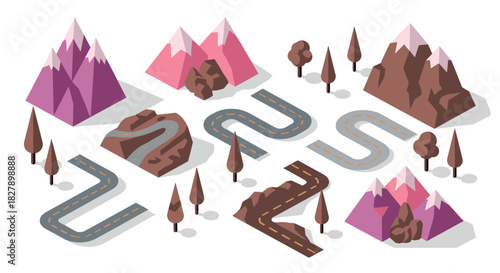 Isometric mountain landscape with roads and trees in winter