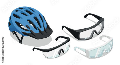 Modern bicycle helmet and cycling glasses set with bold colors and stylish design