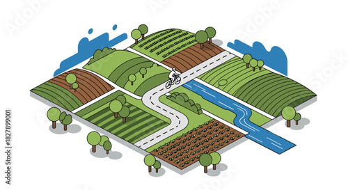 Isometric countryside cyclist on scenic farmland path with rolling hills and lush greenery