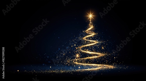 Golden Glittering Christmas Tree on Dark Blue Background for Holiday Decorations