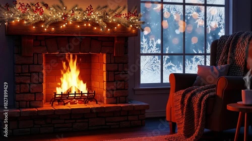 Cozy fireplace with glowing fire and decorated mantel in winter  
