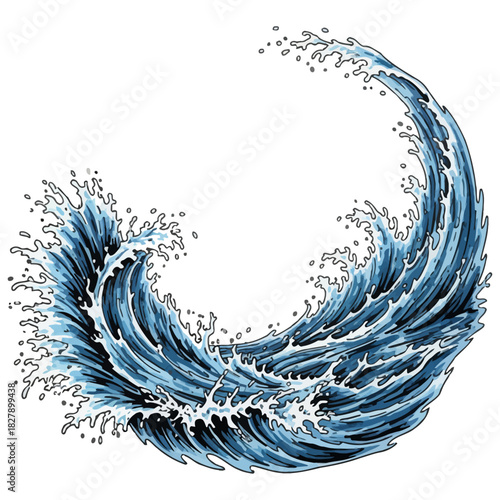 Crashing blue ocean wave illustration in a curled shape, isolated on white background