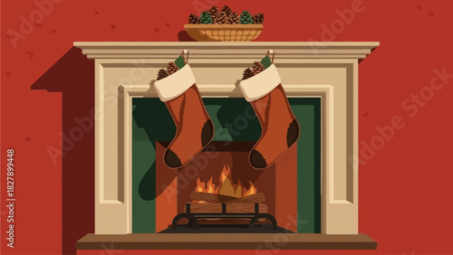 A festive fireplace with stockings hanging by the chimney with a warm fire burning inside on a cold winter day