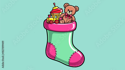 A festive Christmas stocking filled with toys and a teddy bear on a light blue background