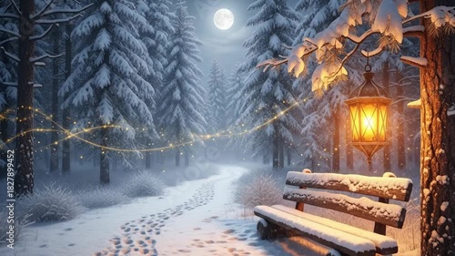 Serene winter landscape with snow-covered bench and glowing lantern  