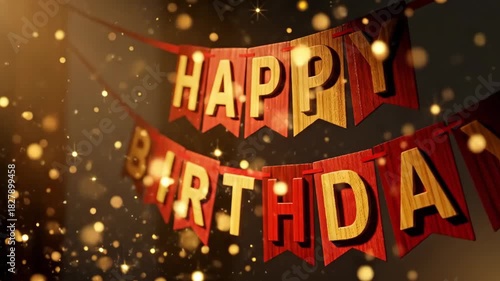 Birthday banner with festive lights and sparks on dark background  