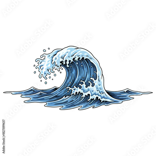 Crashing blue ocean wave illustration in a curled shape, isolated on white background