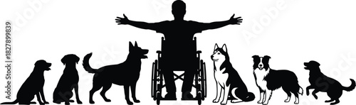 Wheelchair person with dogs silhouette, emotional support, pet therapy, disability inclusion, companionship, vector illustration, love