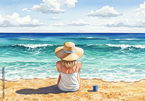 Serene watercolor illustration of a woman in a hat sitting on a sandy beach by the vast blue ocean