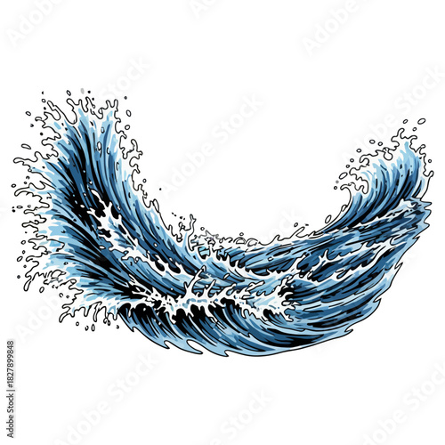 Crashing blue ocean wave illustration in a curled shape, isolated on white background