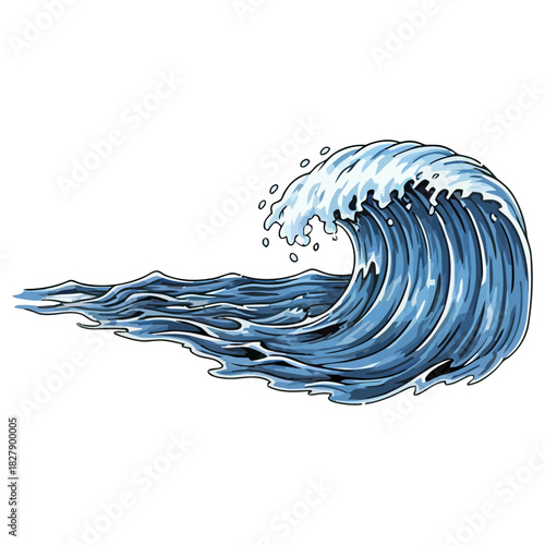 Crashing blue ocean wave illustration in a curled shape, isolated on white background