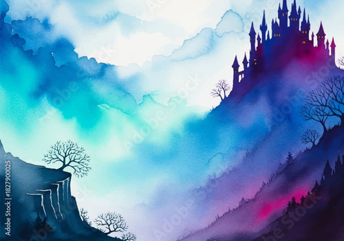 Enchanting watercolor illustration of a mysterious fantasy castle veiled in mystical fog and vibrant mountain hues