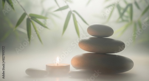 Zen Stones and Candle with Bamboo Leaves for Relaxation and Meditation.