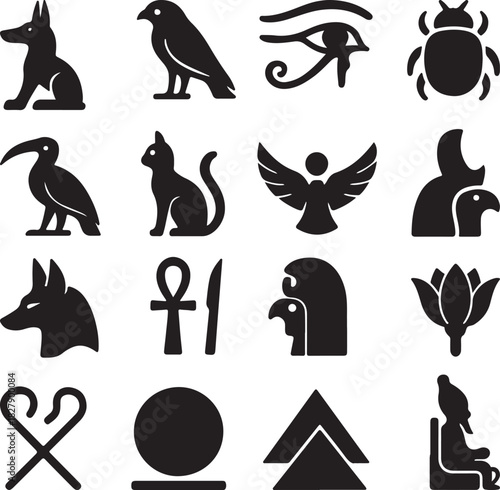 Ancient Egypt Line and black Icons Set – Hieroglyph Symbols and Egyptian Mythology Vector.