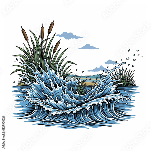 Big water splash in a swamp with cattails and reeds, vintage engraving style