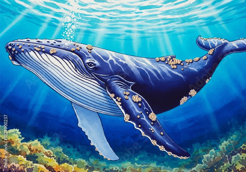 Serene blue ocean scene with a magnificent humpback whale captured in a detailed watercolor painting