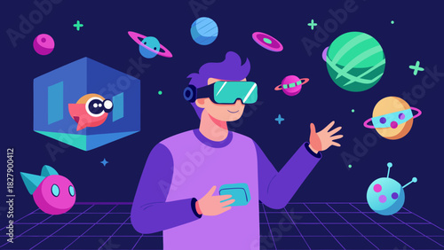Man using virtual reality headset exploring space with planets, stars and futuristic holograms in digital environment