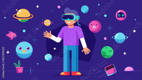 Boy wearing virtual reality headset interacting with colorful space-themed holograms and planets in a futuristic digital world