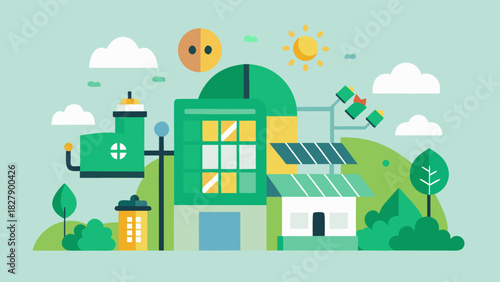 Eco-friendly buildings with solar panels and wind energy in a green landscape promoting sustainable technology and clean energy