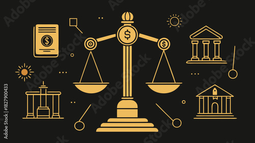 Golden scales of justice surrounded by financial and legal icons symbolizing law, economy and balance on dark background